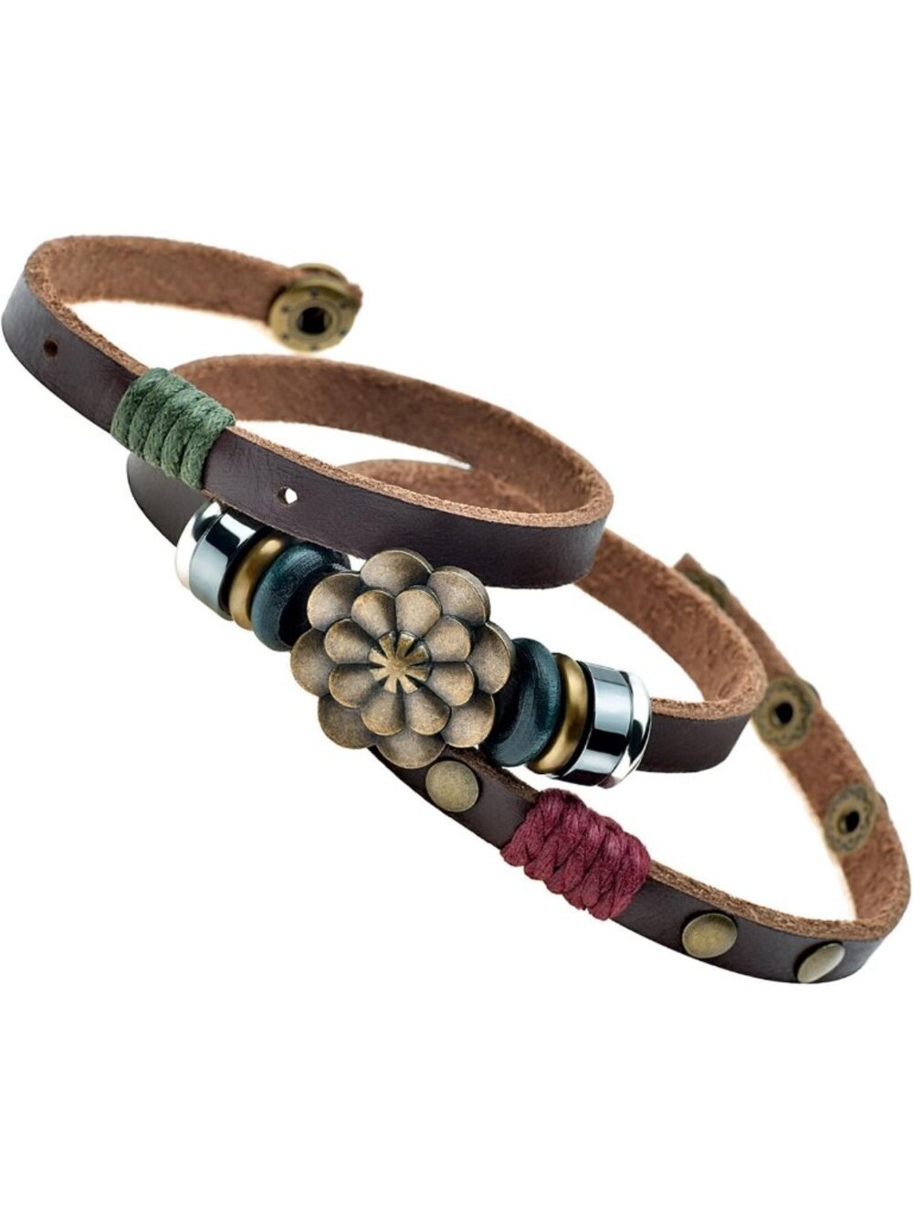 Boho Brown Leather Wrap Bracelet with Lotus Flower Charm - Trendy Stackable